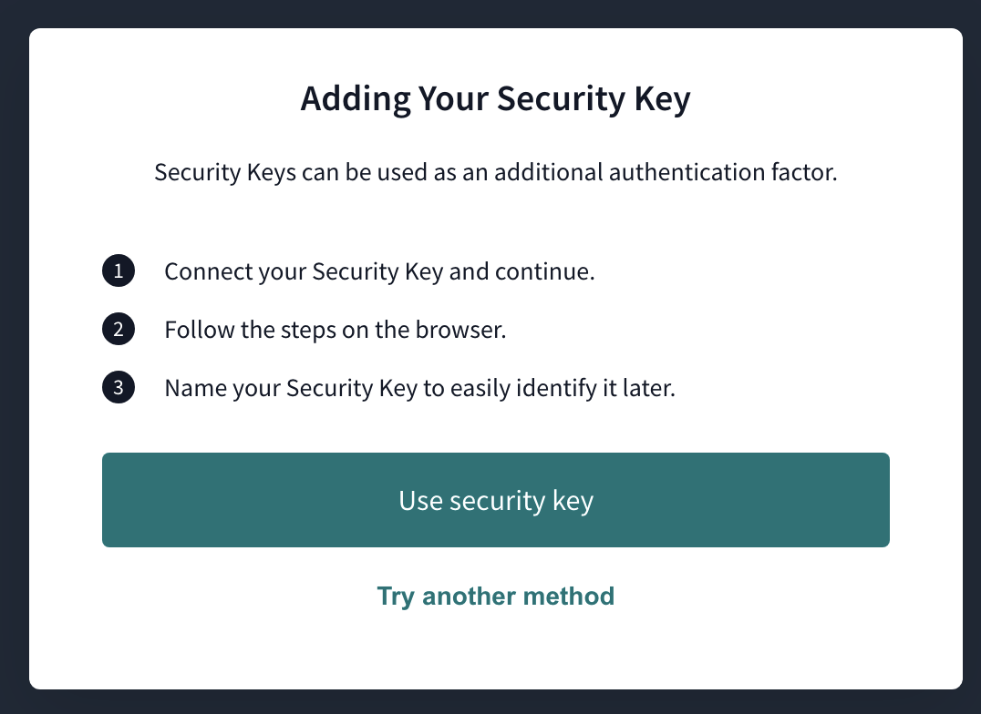 Example of the Security Key activation window.